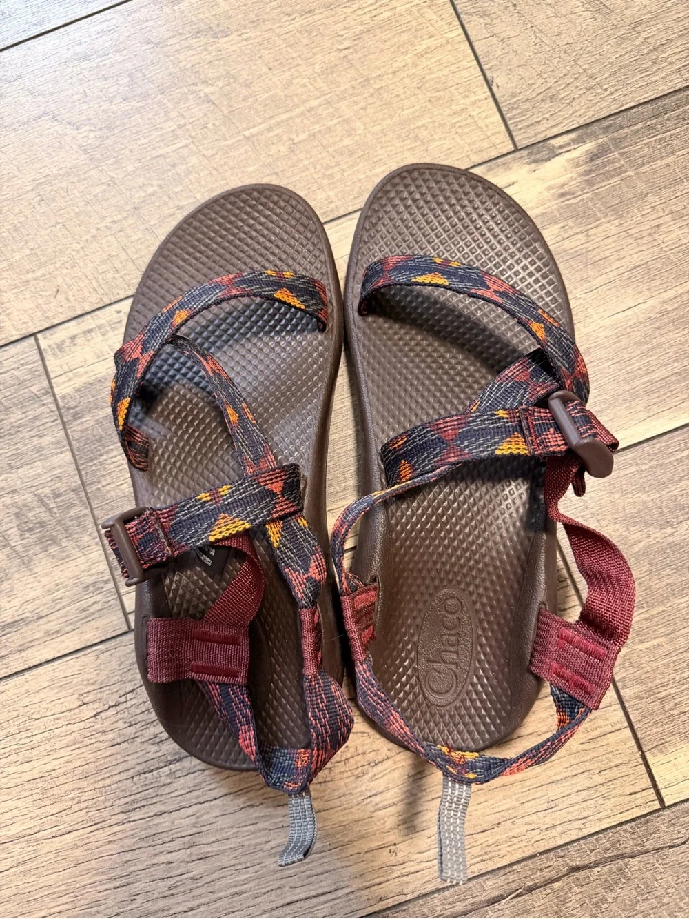 Chaco Brown Sandals with Multicolor Geometric Straps